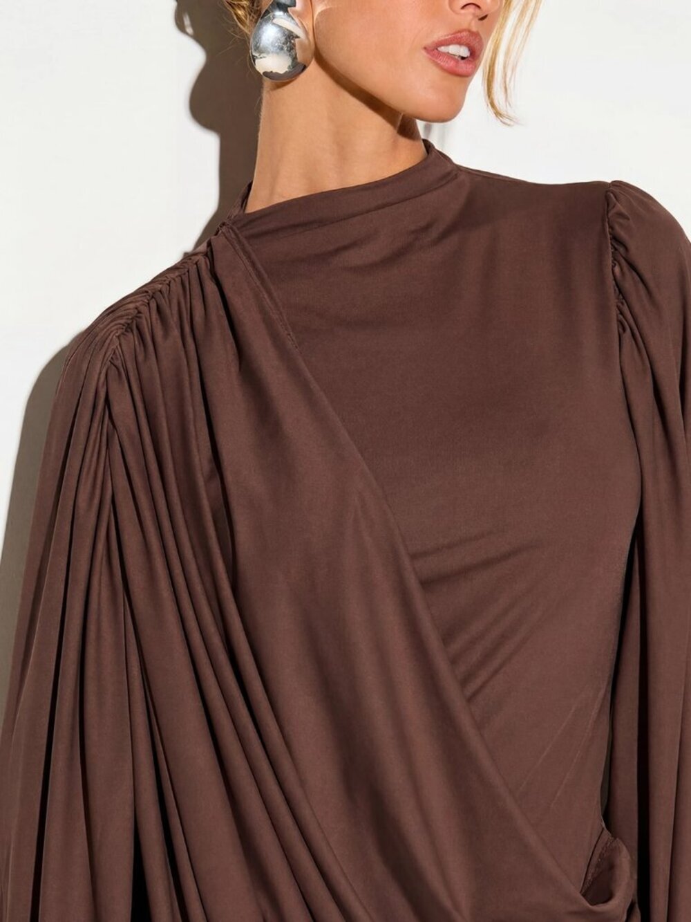 Brown Party Women's Draped Cape Detail Balloon Sleeve Mini Dress - Picture 2 of 5